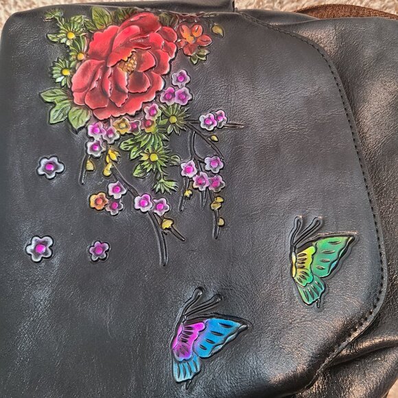 Embossed Cowhide Leather Backpack - Floral & Butterfly Design, Durable and Styli - Picture 5 of 5